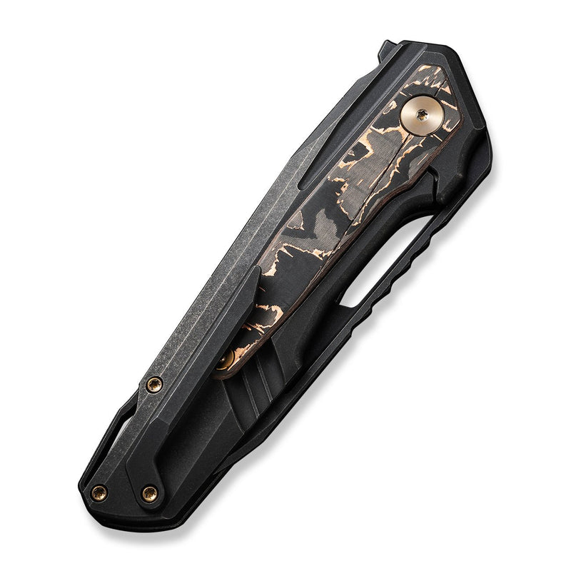 WEKNIFE Falcaria Flipper & Thumb Hole Knife Black Titanium Handle With Copper Foil Carbon Fiber Inlay (3.64" Black Stonewashed CPM 20CV Blade) WE23012B-2