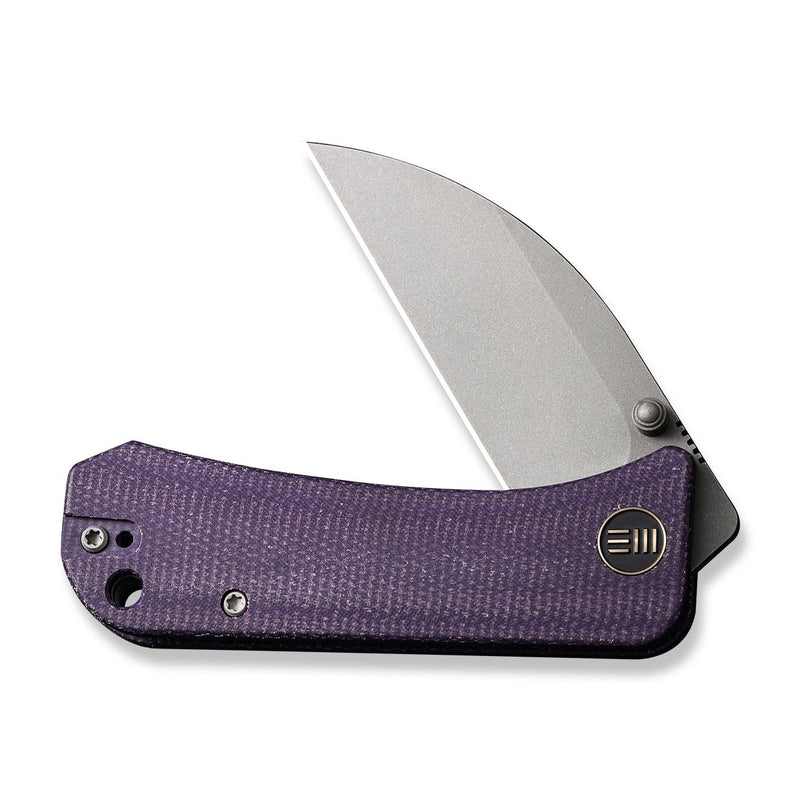 WEKNIFE Banter Wharncliffe Thumb Stud Knife Purple Canvas Micarta Contoured Handle (2.85" Gray Stonewashed CPM S35VN Blade) WE19068J-2