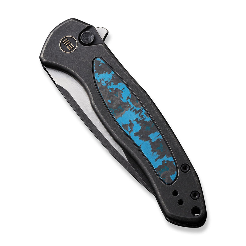WEKNIFE Button Lock Kitefin Flipper Knife Black Titanium Handle With Arctic Storm Fat Carbon Fiber Inlay (3.22" Black Stonewashed CPM 20CV Blade, Satin Flat) WE19002N-1