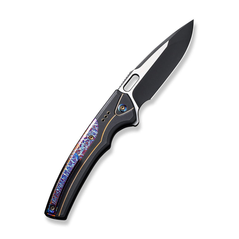 WEKNIFE Exciton Flipper & Button Lock Knife Black Titanium Handle With Flamed Titanium Integral Spacer (3.68" Black Stonewashed CPM 20CV Blade, Satin Flat) WE22038A-4