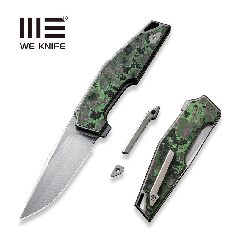 WEKNIFE OAO (One and Only) Flipper Knife Polished Bead Blasted Titanium Integral Handle With Jungle Wear Fat Carbon Fiber Inlay (3.4" Hand Rubbed Satin CPM 20CV Blade) WE23001-3, With An Extra Left Carry Titanium Pocket Clip And Insert