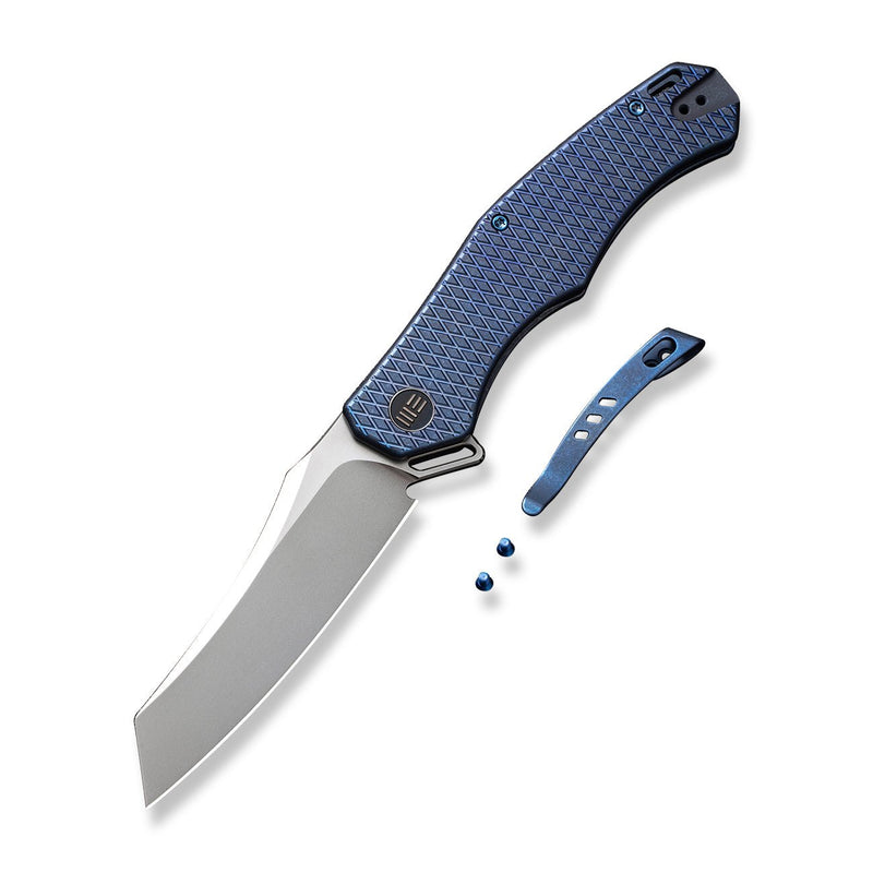 WEKNIFE RekkeR Flipper Knife Blue Titanium Handle With Blue Diamond Pattern On Presentation Handle (3.61" Polished Bead Blasted CPM 20CV Blade) WE22010G-4, With An Extra Left Carry Titanium Pocket Clip And Clip Screws