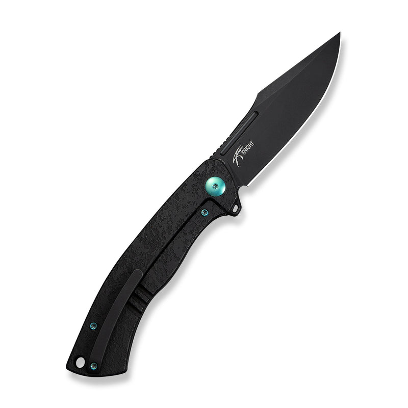 WEKNIFE Essential Knight Flipper Knife Black Titanium Handle With Etched Pattern (3.6" Black Stonewashed Bohler M390 Blade) WE24003-2