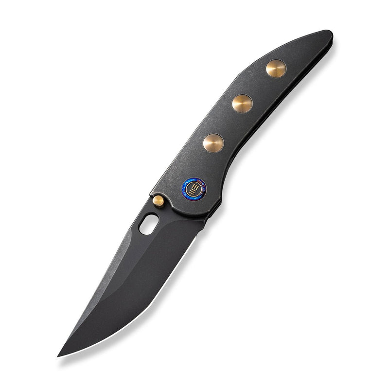WEKNIFE Attor Thumb Stud & Thumb Hole Knife Black Titanium Integral Handle With Golden Titanium Inlay (3.55" Black Stonewashed CPM 20CV Blade) WE23037 - 1