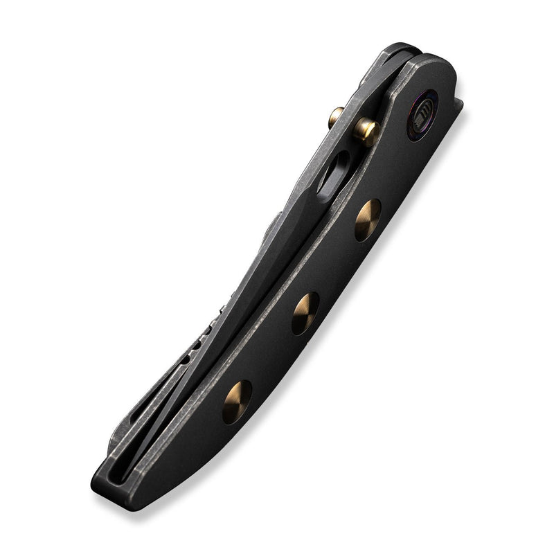 WEKNIFE Attor Thumb Stud & Thumb Hole Knife Black Titanium Integral Handle With Golden Titanium Inlay (3.55" Black Stonewashed CPM 20CV Blade) WE23037 - 1