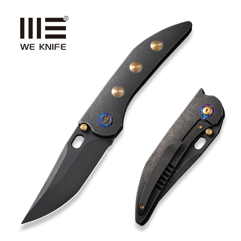 WEKNIFE Attor Thumb Stud & Thumb Hole Knife Black Titanium Integral Handle With Golden Titanium Inlay (3.55" Black Stonewashed CPM 20CV Blade) WE23037 - 1