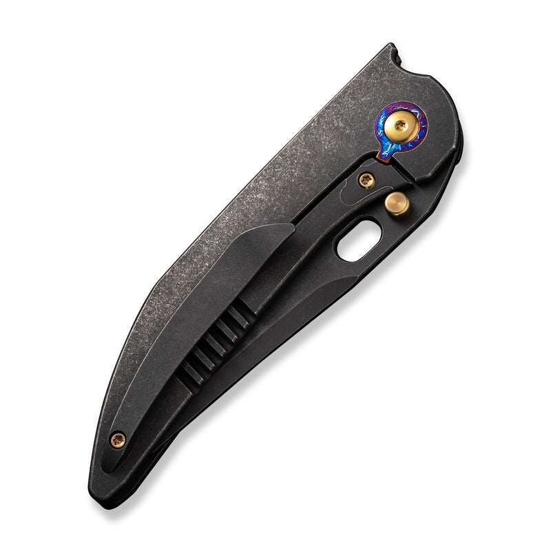 WEKNIFE Attor Thumb Stud & Thumb Hole Knife Black Titanium Integral Handle With Golden Titanium Inlay (3.55" Black Stonewashed CPM 20CV Blade) WE23037 - 1