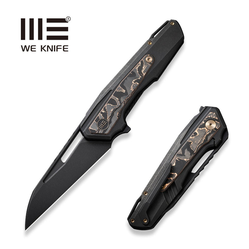 WEKNIFE Falcaria Flipper & Thumb Hole Knife Black Titanium Handle With Copper Foil Carbon Fiber Inlay (3.64" Black Stonewashed CPM 20CV Blade) WE23012B-2