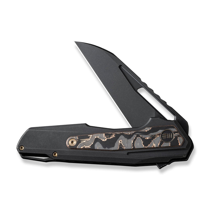 WEKNIFE Falcaria Flipper & Thumb Hole Knife Black Titanium Handle With Copper Foil Carbon Fiber Inlay (3.64" Black Stonewashed CPM 20CV Blade) WE23012B-2