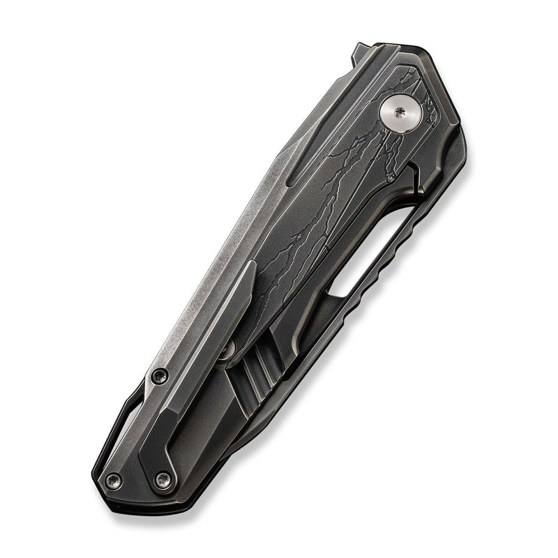 WEKNIFE Falcaria Flipper & Thumb Hole Knife Polished Gray Titanium Handle With Etching Pattern Titanium Inlay (3.64" Polished Gray CPM 20CV Blade) WE23012B-4
