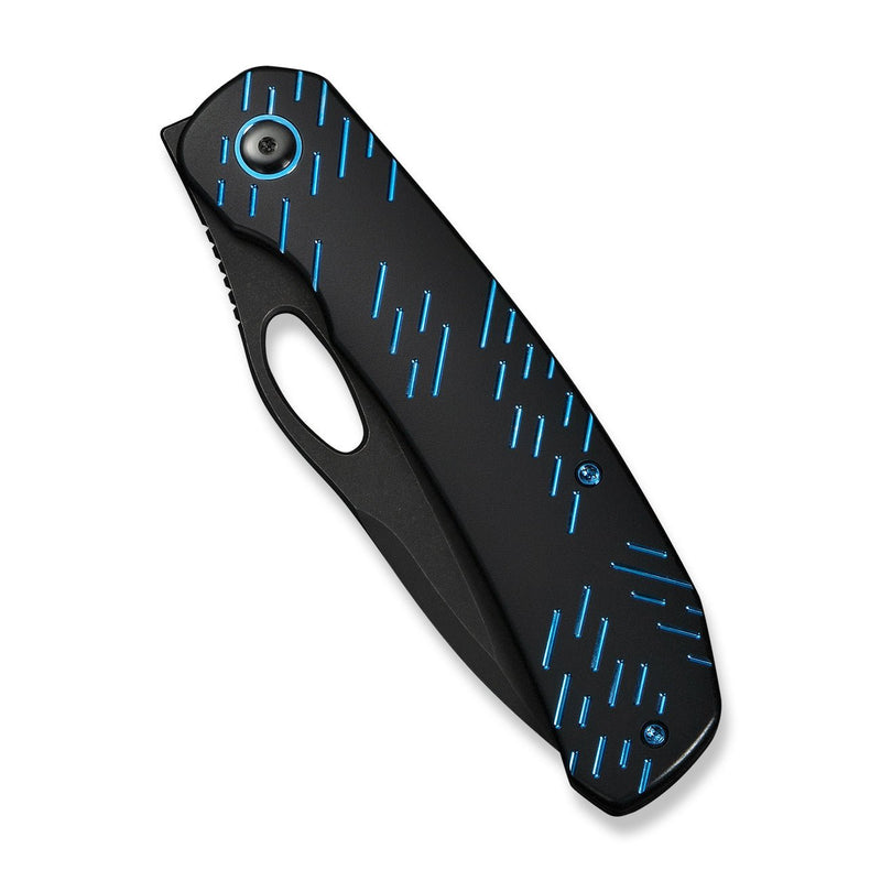 WEKNIFE Inmate Front Flipper & Thumb Hole Knife Black Titanium Handle With Blue Raindrops (3.7" Black Stonewashed CPM 20CV Blade) WE23096B - 2