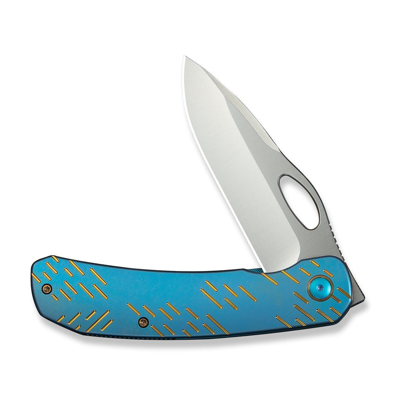 WEKNIFE Inmate Front Flipper & Thumb Hole Knife Blue Titanium Handle With Golden Raindrops (3.7" Satin Finished CPM 20CV Blade) WE23096B - 3