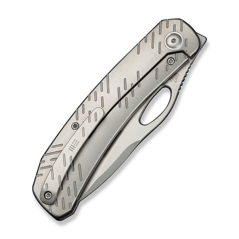 WEKNIFE Inmate Front Flipper & Thumb Hole Knife Gray Titanium Handle & Raindrops (3.7" Stonewashed CPM 20CV Blade) WE23096B - 1