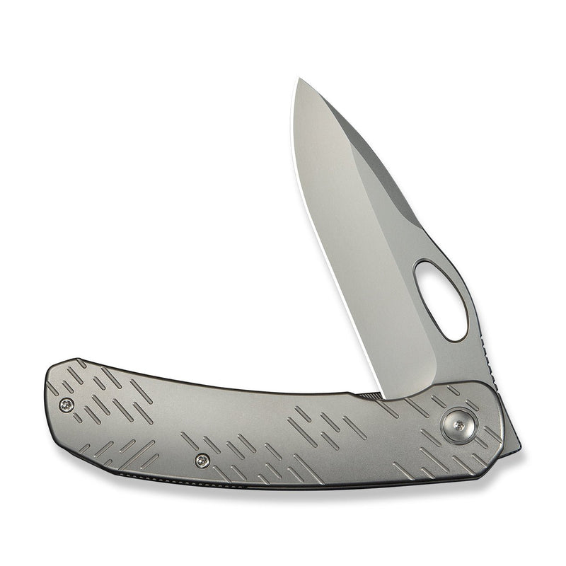 WEKNIFE Inmate Front Flipper & Thumb Hole Knife Gray Titanium Handle & Raindrops (3.7" Stonewashed CPM 20CV Blade) WE23096B - 1