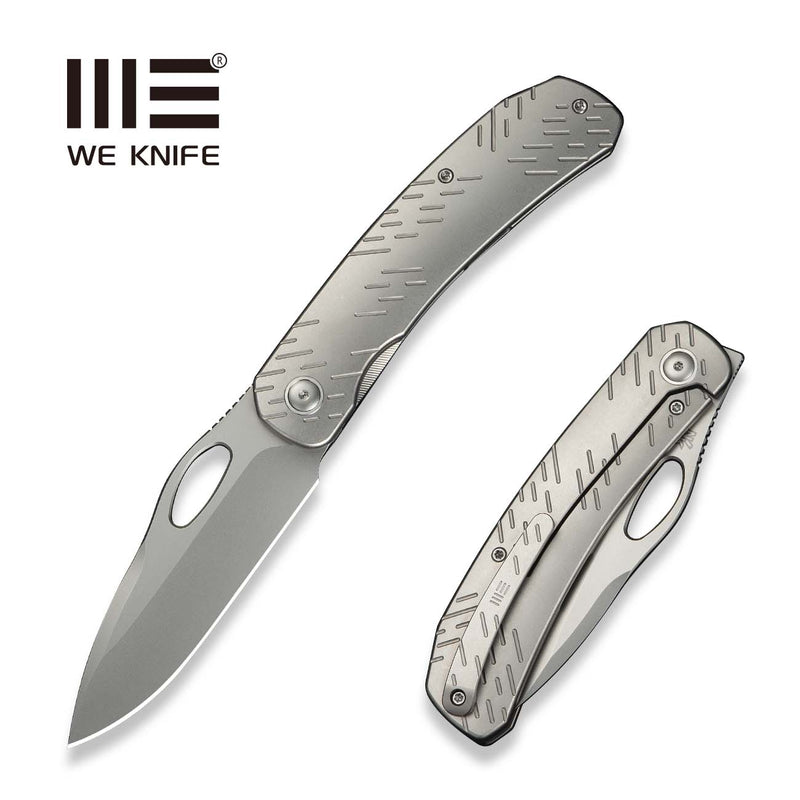 WEKNIFE Inmate Front Flipper & Thumb Hole Knife Gray Titanium Handle & Raindrops (3.7" Stonewashed CPM 20CV Blade) WE23096B - 1
