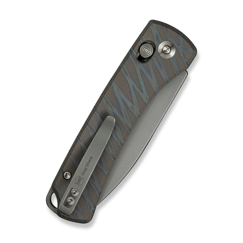 WEKNIFE Nightblade Crossbar Lock Knife Tiger Stripe Pattern Flamed Titanium Handle (2.98" Gray Stonewashed CPM 20CV Blade) WE22046 - 3