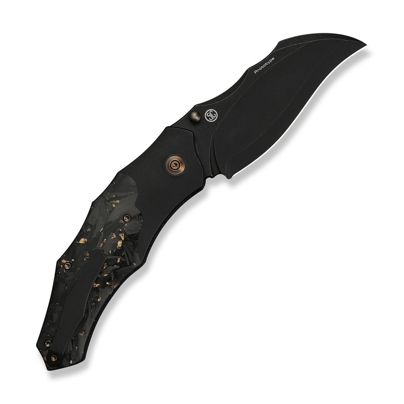 WEKNIFE Orc Boss Thumb Stud Knife Black Titanium Handle With Shredded Carbon Fiber And Golden Shred In Clear Resin Inlay (3.82" Black Stonewashed CPM 20CV Blade) WE24042 Sample2
