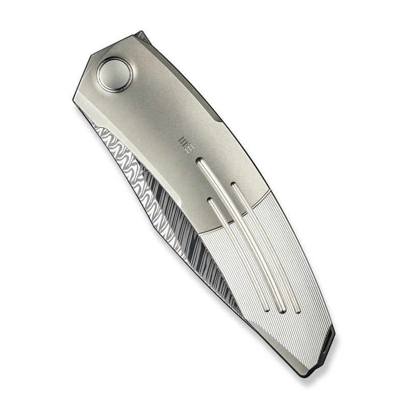 WEKNIFE Sine Wave Flipper Knife Polished Bead Blasted & Satin Titanium Handle (3.98" Fafnir Damasteel Blade) WE23069B - DS1