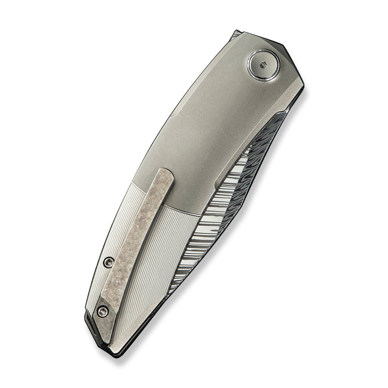 WEKNIFE Sine Wave Flipper Knife Polished Bead Blasted & Satin Titanium Handle (3.98" Fafnir Damasteel Blade) WE23069B - DS1