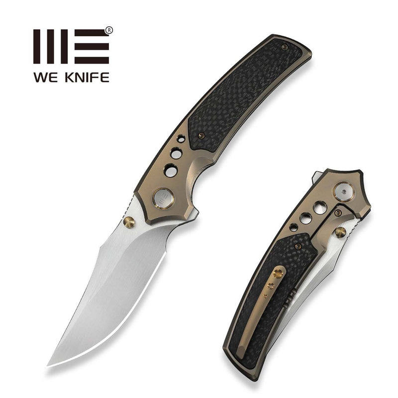 WEKNIFE Skynix Flipper & Thumb Stud Knife Champagne Titanium Handle With Twill Carbon Fiber Inlay (3.7" Hand Rubbed Satin Bohler M390 Blade) WE24087 - 3