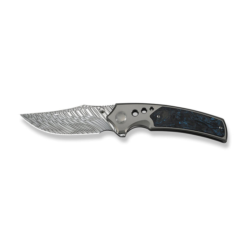 WEKNIFE Skynix Flipper & Thumb Stud Knife Gray Titanium Handle With Black & Blue Carbon Fiber Inlay (3.7" Fafnir Damasteel Blade) WE24087 - DS1