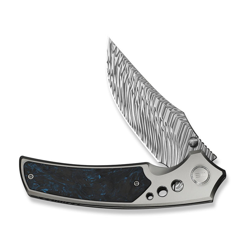 WEKNIFE Skynix Flipper & Thumb Stud Knife Gray Titanium Handle With Black & Blue Carbon Fiber Inlay (3.7" Fafnir Damasteel Blade) WE24087 - DS1