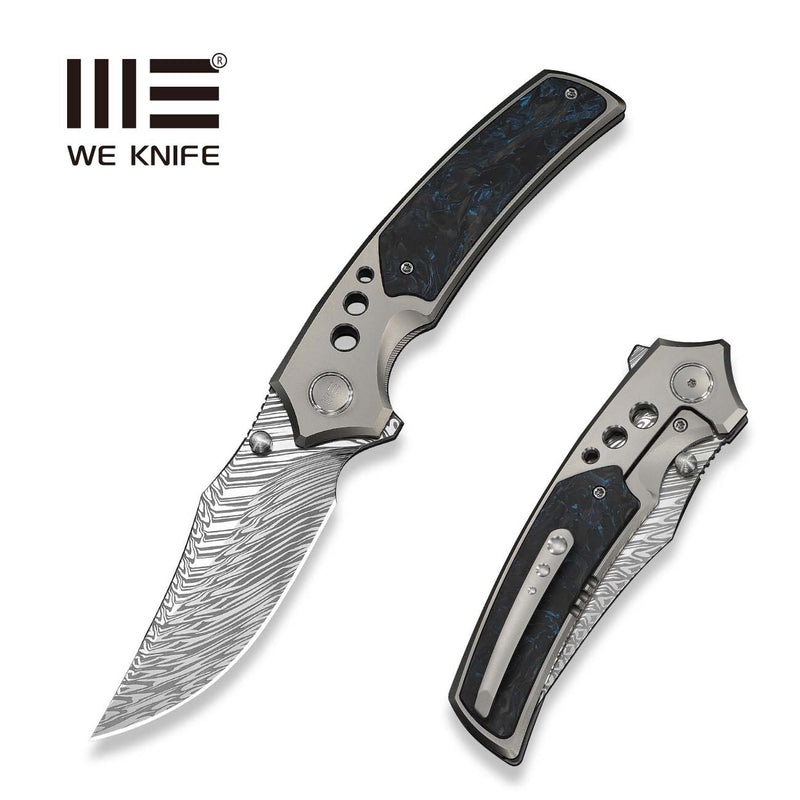 WEKNIFE Skynix Flipper & Thumb Stud Knife Gray Titanium Handle With Black & Blue Carbon Fiber Inlay (3.7" Fafnir Damasteel Blade) WE24087 - DS1