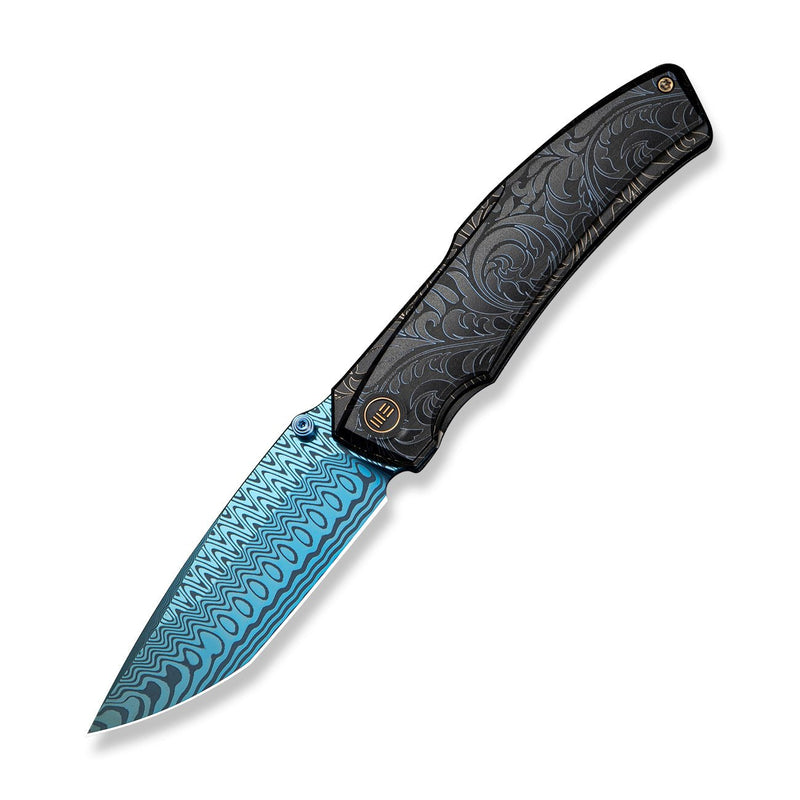 WEKNIFE Swordfin Front Flipper & Thumb Stud Knife Black Titanium Handle With Blue Laser Pattern Black Titanium Liner With Golden Laser Pattern (3.28" Hugin Damasteel Blade) WE23067 - 2025 BSW3