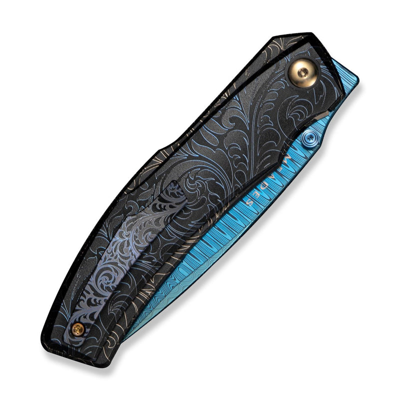 WEKNIFE Swordfin Front Flipper & Thumb Stud Knife Black Titanium Handle With Blue Laser Pattern Black Titanium Liner With Golden Laser Pattern (3.28" Hugin Damasteel Blade) WE23067 - 2025 BSW3