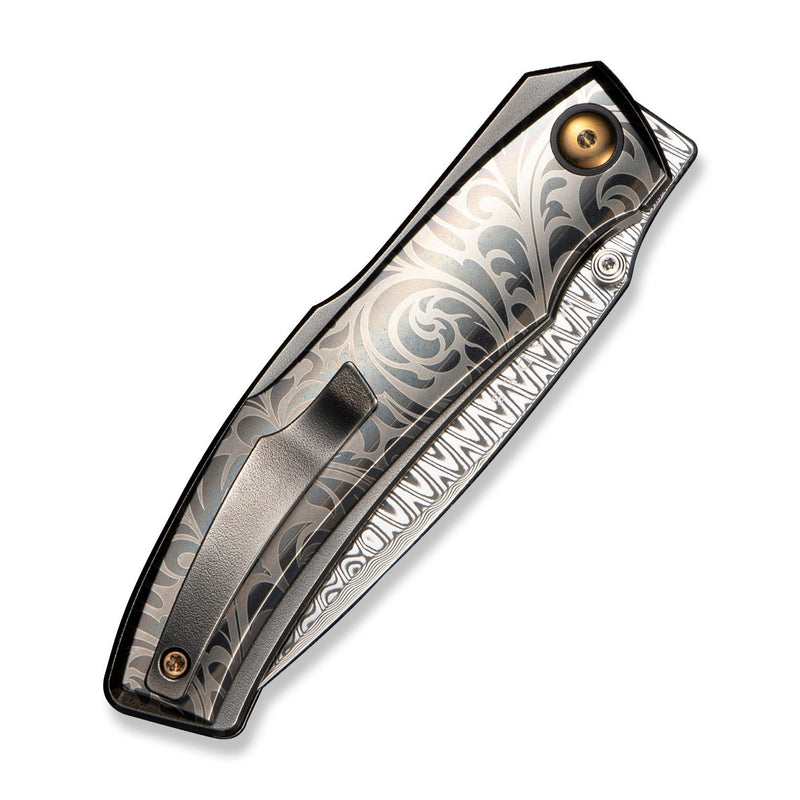 WEKNIFE Swordfin Front Flipper & Thumb Stud Knife Gray Titanium Handle With White Laser Pattern Polished Gray Orange Peel Textured Titanium Liner (3.28" Hugin Damasteel Blade) WE23067 - 2025 BSW2