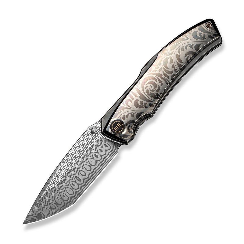 WEKNIFE Swordfin Front Flipper & Thumb Stud Knife Gray Titanium Handle With White Laser Pattern Polished Gray Orange Peel Textured Titanium Liner (3.28" Hugin Damasteel Blade) WE23067 - 2025 BSW2