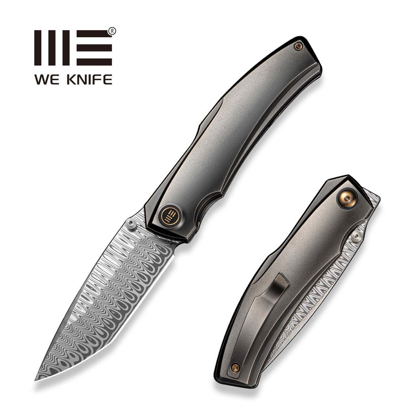 WEKNIFE Swordfin Front Flipper & Thumb Stud Knife Polished Gray Orange Peel Textured Titanium Handle Polished Gray Orange Peel Textured Titanium Liner (3.28" Hugin Damasteel Blade) WE23067 - 2025 BSW1