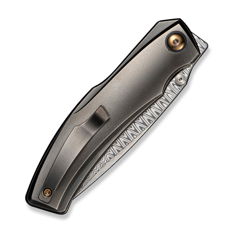 WEKNIFE Swordfin Front Flipper & Thumb Stud Knife Polished Gray Orange Peel Textured Titanium Handle Polished Gray Orange Peel Textured Titanium Liner (3.28" Hugin Damasteel Blade) WE23067 - 2025 BSW1