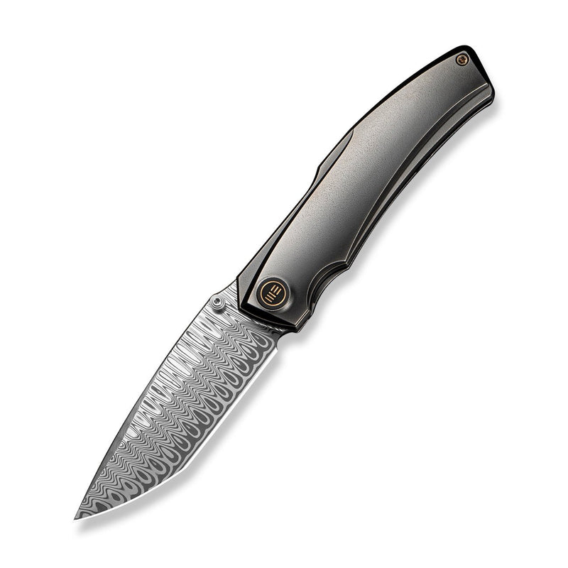 WEKNIFE Swordfin Front Flipper & Thumb Stud Knife Polished Gray Orange Peel Textured Titanium Handle Polished Gray Orange Peel Textured Titanium Liner (3.28" Hugin Damasteel Blade) WE23067 - 2025 BSW1