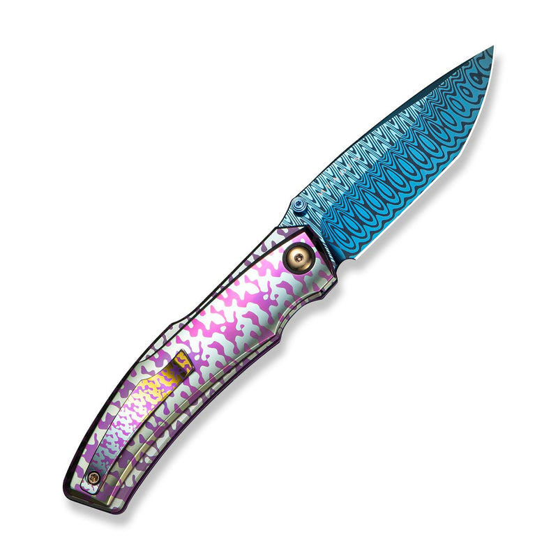 WEKNIFE Swordfin Front Flipper & Thumb Stud Knife Polished Handle With Purple Laser Pattern Polished Liner With Purple Laser Pattern (3.28" Hugin Damasteel Blade) WE23067 - 2025 BSW4
