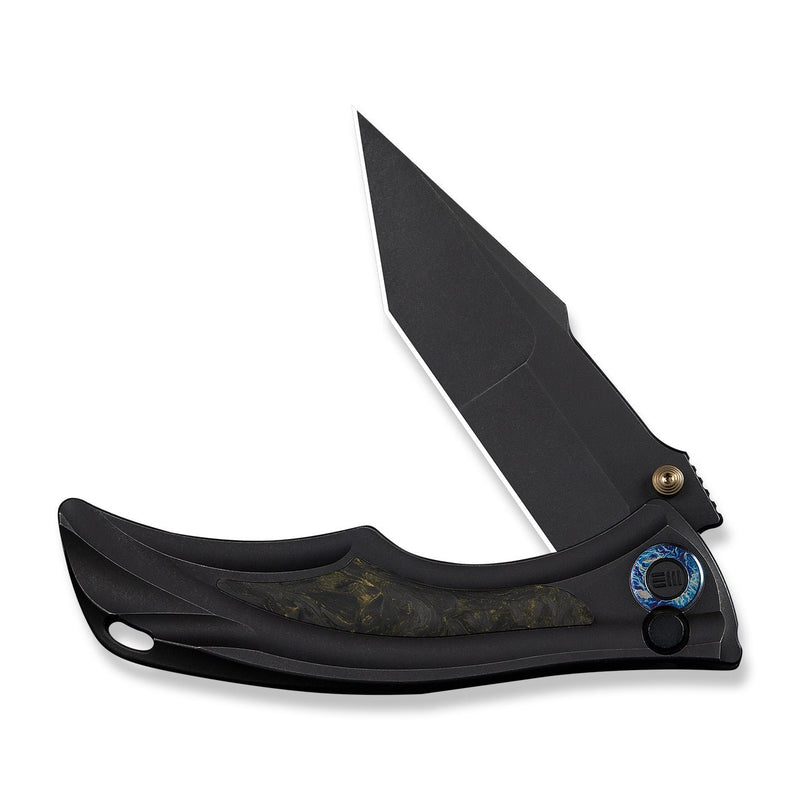 WEKNIFE Tighe Down Flipper & Thumb Stud & Button Lock Knife Black Titanium Integral Handle With Black & Yellow Carbon Fiber Inlay (4" Black Stonewashed Bohler M390 Blade, Tanto) WE24054B - 1