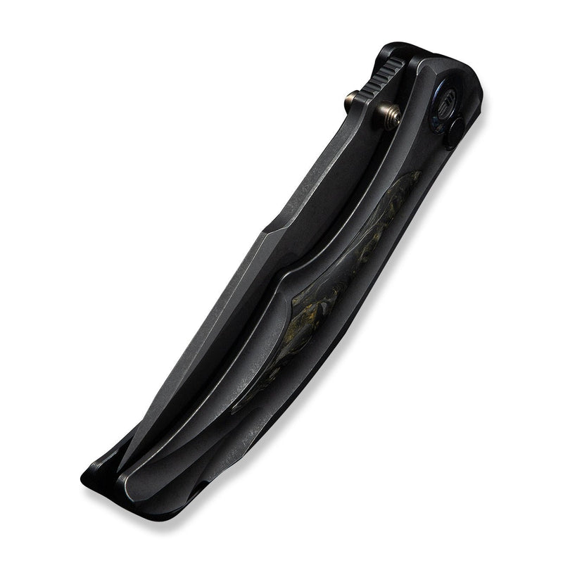 WEKNIFE Tighe Down Flipper & Thumb Stud & Button Lock Knife Black Titanium Integral Handle With Black & Yellow Carbon Fiber Inlay (4" Black Stonewashed Bohler M390 Blade, Tanto) WE24054B - 1