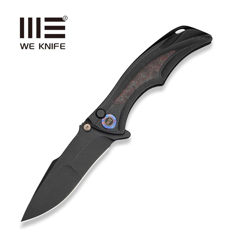 WEKNIFE Tighe Down Flipper & Thumb Stud & Button Lock Knife Black Titanium Integral Handle With Layered G10 and Rose Pattern Carbon Fiber Inlay (4" Black Stonewashed Bohler M390 Blade) WE24054 Sample2