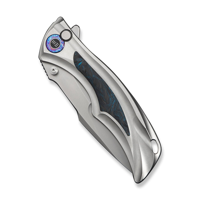 WEKNIFE Tighe Down Flipper & Thumb Stud & Button Lock Knife Gray Titanium Integral Handle With Black & Blue Carbon Fiber Inlay (4" Stonewashed Bohler M390 Blade, Drop Point) WE24054 - 1