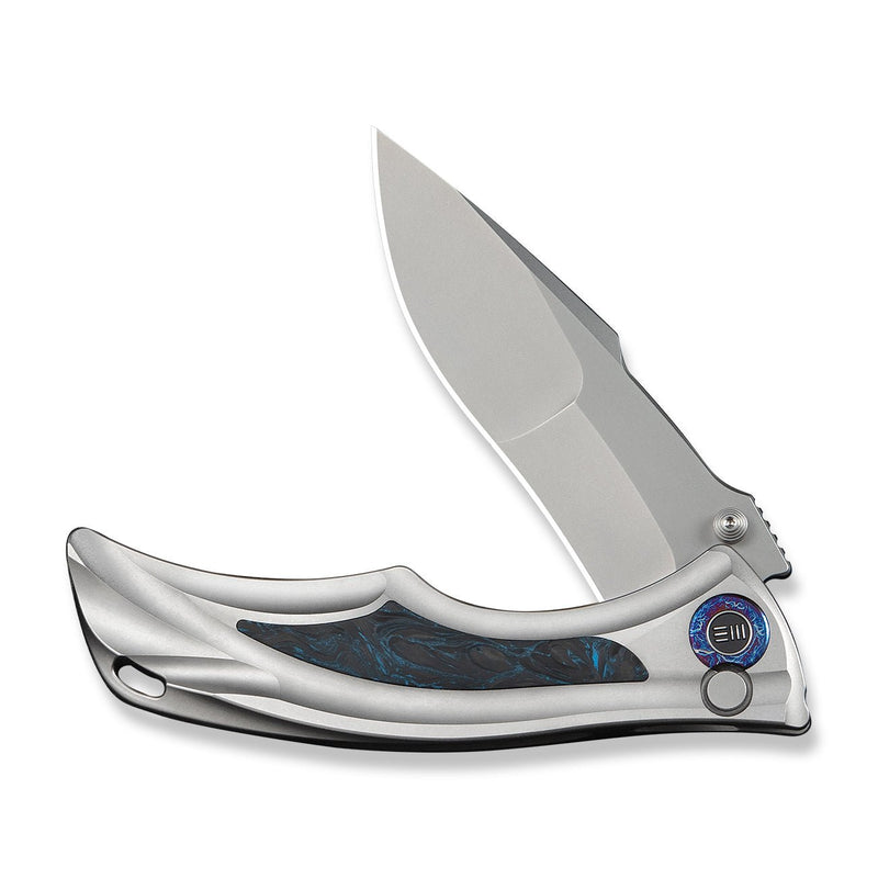 WEKNIFE Tighe Down Flipper & Thumb Stud & Button Lock Knife Gray Titanium Integral Handle With Black & Blue Carbon Fiber Inlay (4" Stonewashed Bohler M390 Blade, Drop Point) WE24054 - 1