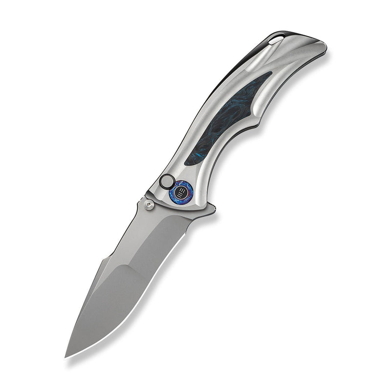 WEKNIFE Tighe Down Flipper & Thumb Stud & Button Lock Knife Gray Titanium Integral Handle With Black & Blue Carbon Fiber Inlay (4" Stonewashed Bohler M390 Blade, Drop Point) WE24054 - 1