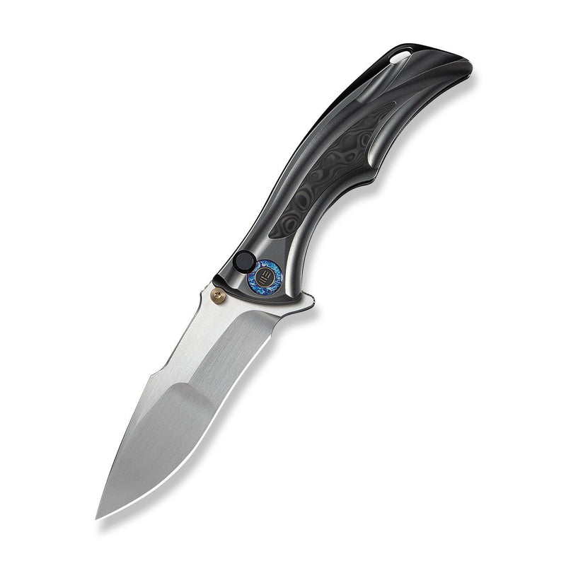 WEKNIFE Tighe Down Flipper & Thumb Stud & Button Lock Knife Polished Gray Orange Peel Textured Titanium Integral Handle With Rose Carbon Fiber Inlay (4" Hand Rubbed Satin Bohler M390 Blade, Drop Point) WE24054 - 2