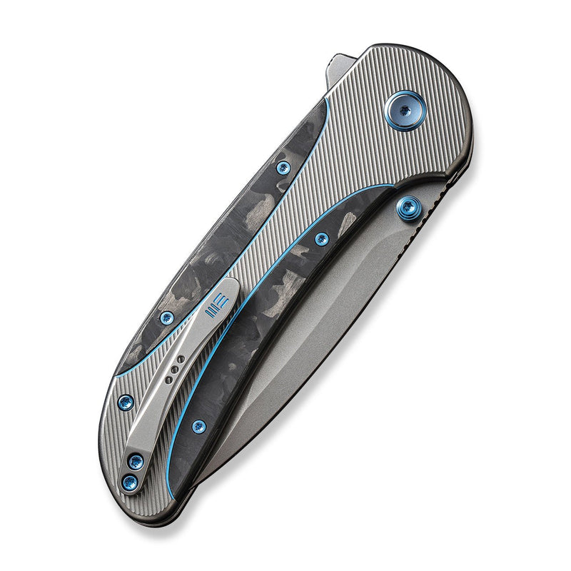 WEKNIFE Zizzit Flipper & Thumb Stud & Button Lock Knife Polished Bead Blasted Titanium Handle With Marble Carbon Fiber Inlay (3.8" Polished Bead Blasted CPM 20CV Blade) WE23031-3
