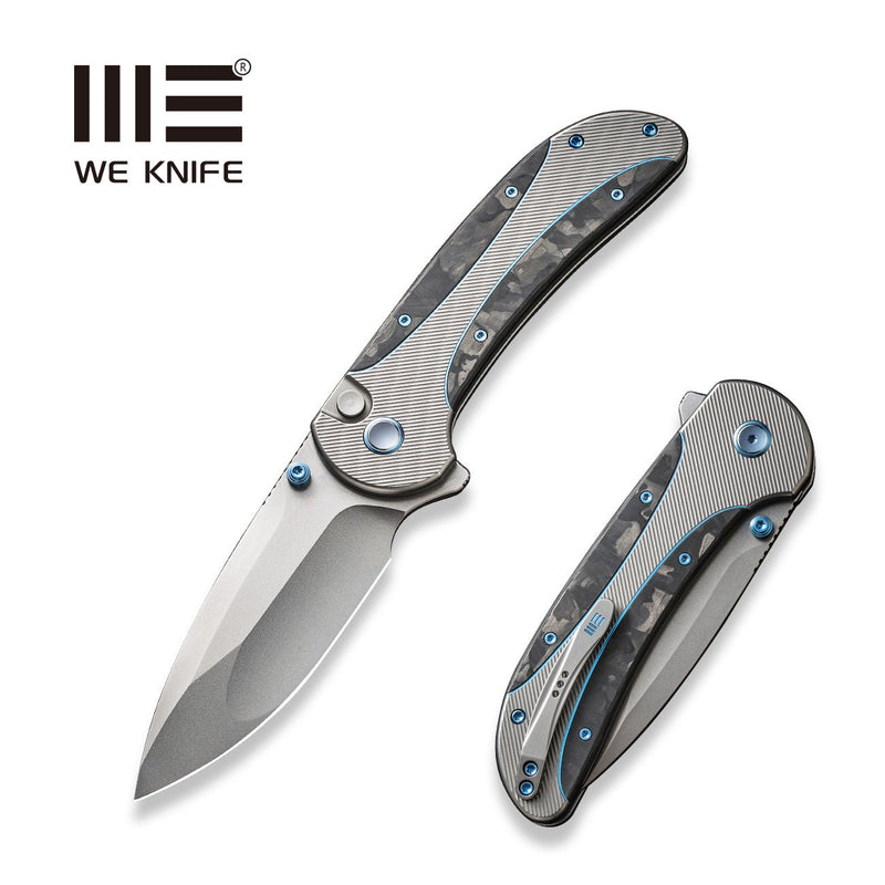 WEKNIFE Zizzit Flipper & Thumb Stud & Button Lock Knife Polished Bead Blasted Titanium Handle With Marble Carbon Fiber Inlay (3.8" Polished Bead Blasted CPM 20CV Blade) WE23031-3