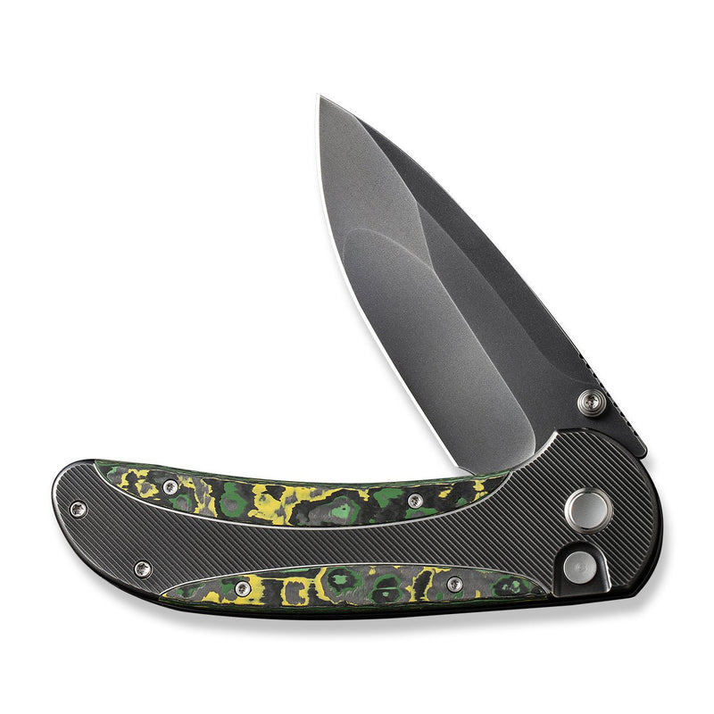 WEKNIFE Zizzit Flipper & Thumb Stud & Button Lock Knife Polished Gray Titanium Handle With Toxic Storm Fat Carbon Fiber Inlay (3.8" Polished Gray CPM 20CV Blade) WE23031-4