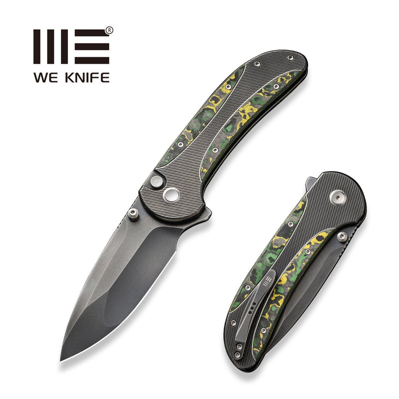 WEKNIFE Zizzit Flipper & Thumb Stud & Button Lock Knife Polished Gray Titanium Handle With Toxic Storm Fat Carbon Fiber Inlay (3.8" Polished Gray CPM 20CV Blade) WE23031-4
