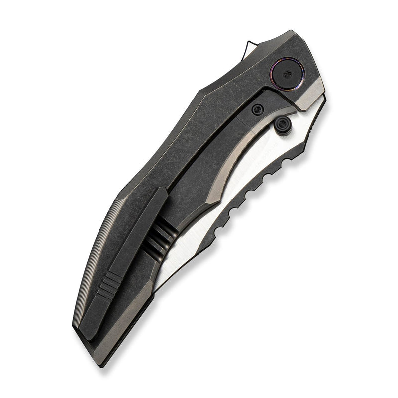 WEKNIFE Zorath Flipper & Thumb Stud Knife Black & Gray Titanium Integral Handle (3.84" Hand Polished Satin Bevel, Black Spine Bohler M390 Blade) WE25003 Sample1
