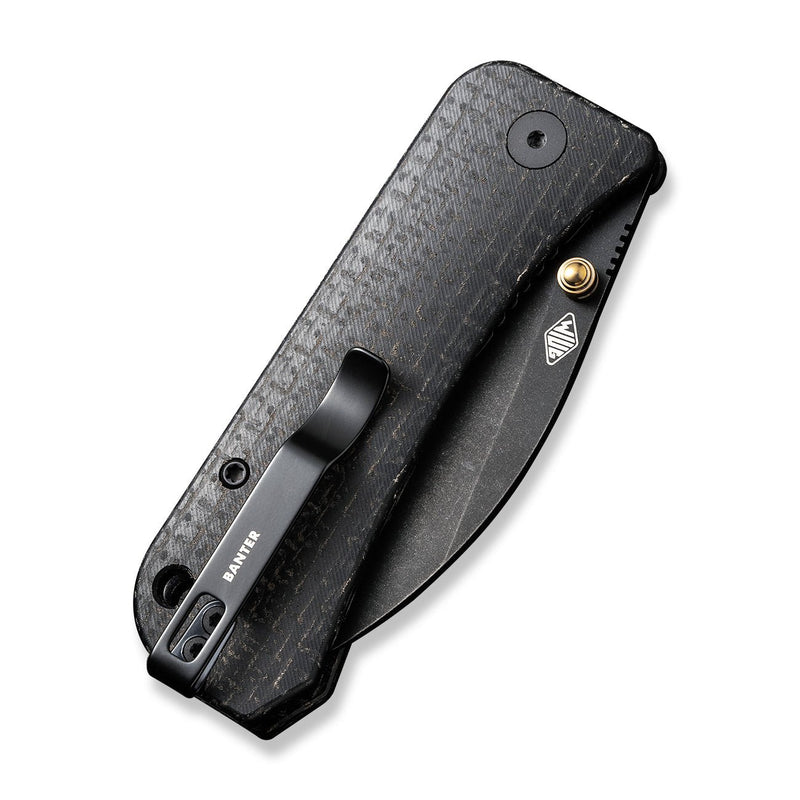 WEKNIFE Banter Wharncliffe Thumb Stud Knife Black Burlap Micarta Contoured Handle (2.85" Black Stonewashed CPM S35VN Blade) WE19068J-1