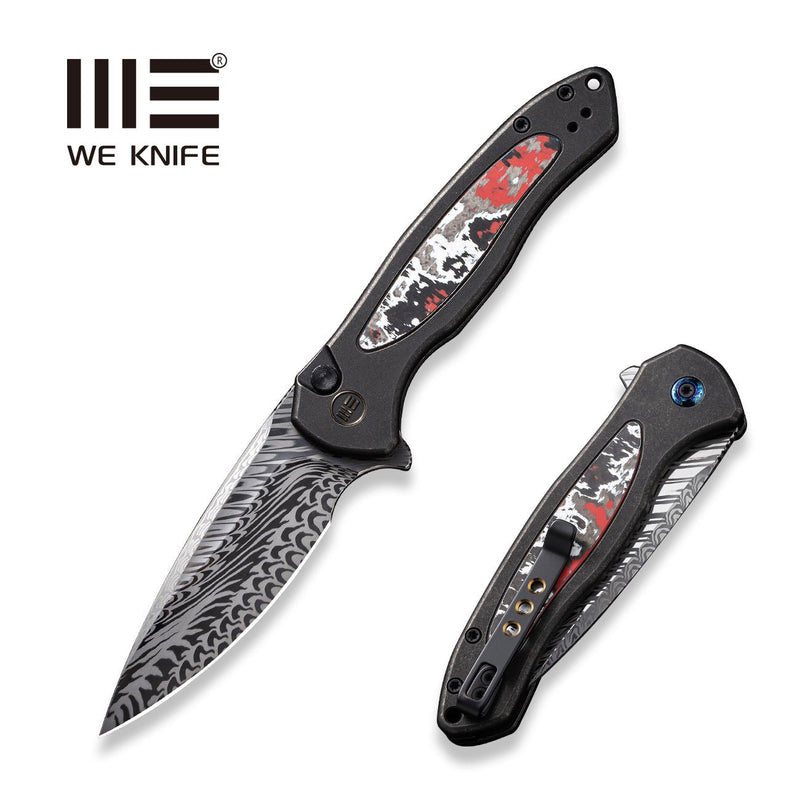 WEKNIFE Button Lock Kitefin Flipper Knife Black Titanium Handle With Nebula Fat Carbon Fiber Inlay (3.22" Fafnir Damasteel Blade) WE19002N-DS1