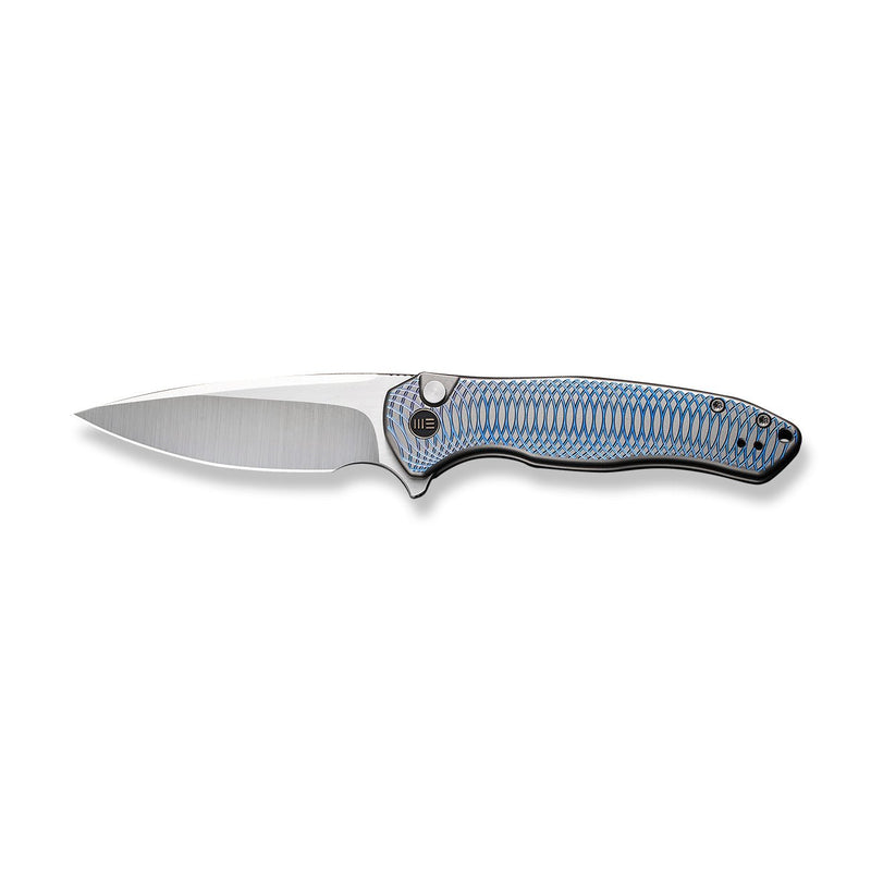 WEKNIFE Button Lock Kitefin Flipper Knife Blue Polished Ripple Patterned Gray Titanium Handle (3.22" Hand Polished Satin CPM 20CV Blade) WE19002M-3